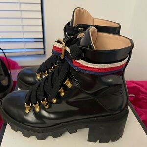 Gucci Black Combat Boots with Gold and Red Accents